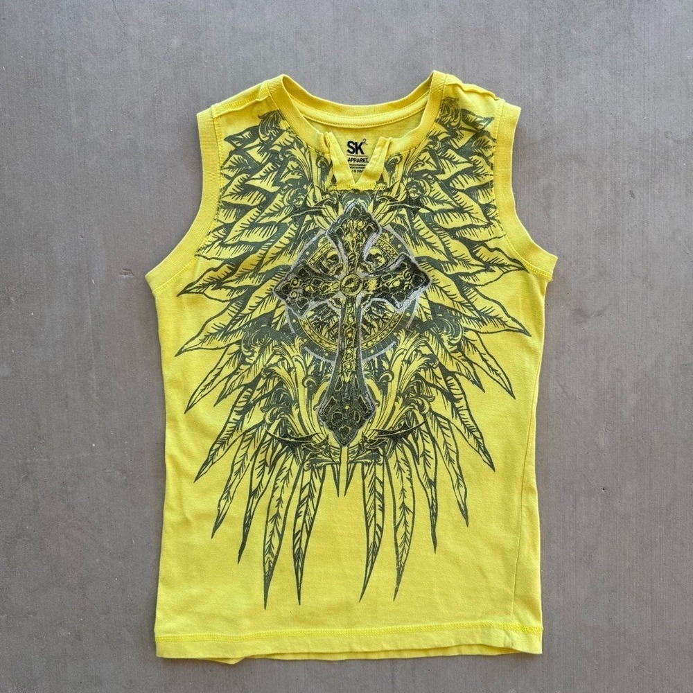 SK2 Apparel Yellow Graphic Tank Top Cross Wings Sleeveless Y2K Grunge Goth Large